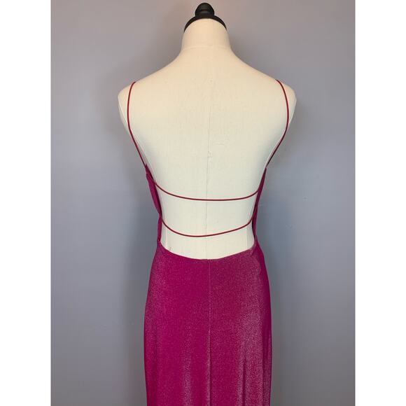 Vtg 90s Y2K City Triangles Open Back Strappy Hot Pink Metallic Bodycon Dress Med - Picture 5 of 17